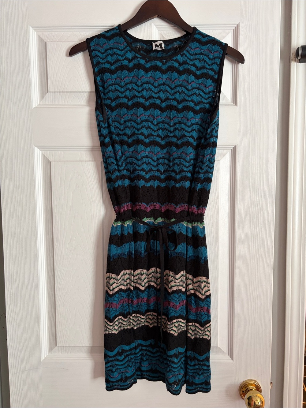 Missoni Sleeveless Knit Dress in Teal, Black and Cream Accents